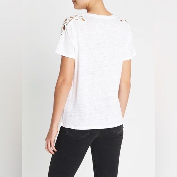 Paige White Linen Blend Short Sleeve Scoop‎ Neck Shirt Crotchet Lace Shoulders - Picture 2 of 8